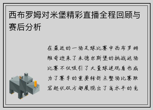 西布罗姆对米堡精彩直播全程回顾与赛后分析